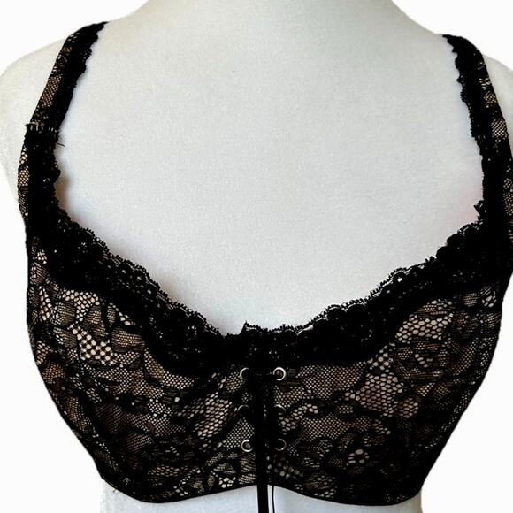 VTG Black Lace Bra 36DDD Sexy Witchygoth Goth Vamp Steampunk 90s Y2K Fredricks - Picture 1 of 7
